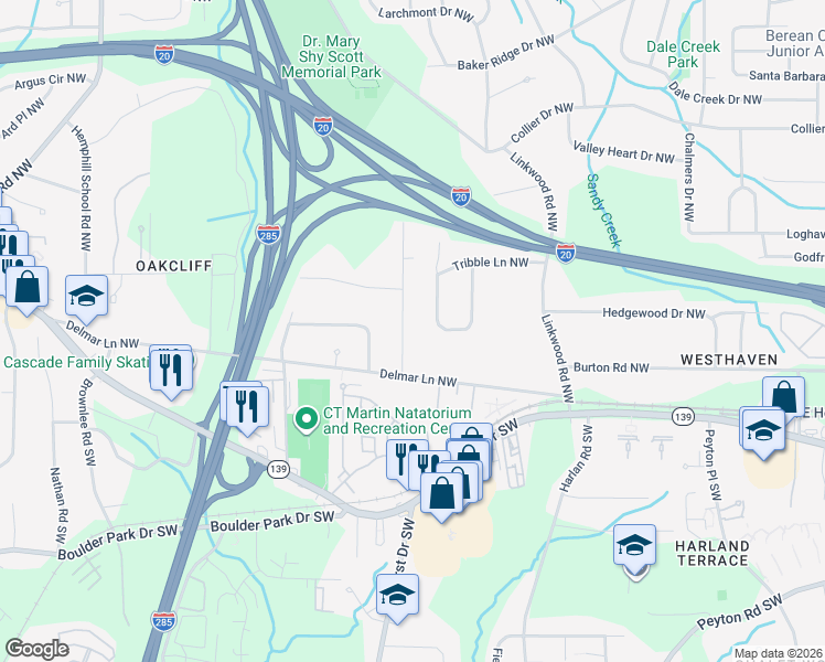 map of restaurants, bars, coffee shops, grocery stores, and more near 51 Stratford Drive Northwest in Atlanta
