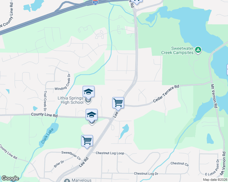 map of restaurants, bars, coffee shops, grocery stores, and more near 2417 Leeward Court in Lithia Springs