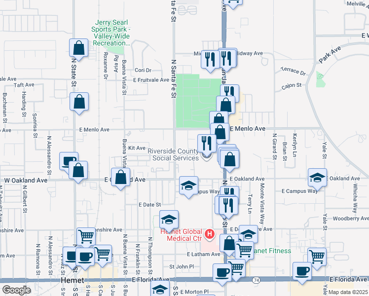map of restaurants, bars, coffee shops, grocery stores, and more near 651 Glenn Way in Hemet