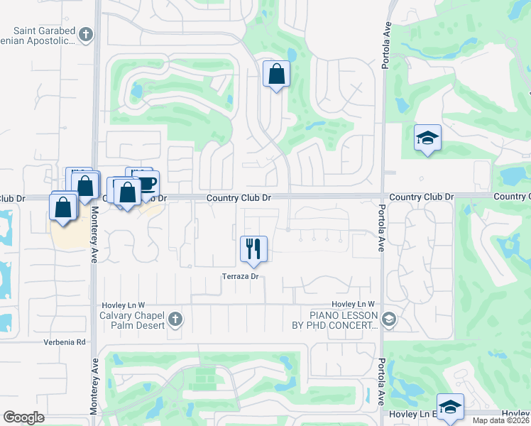 map of restaurants, bars, coffee shops, grocery stores, and more near 3455 Via Leonardo in Palm Desert