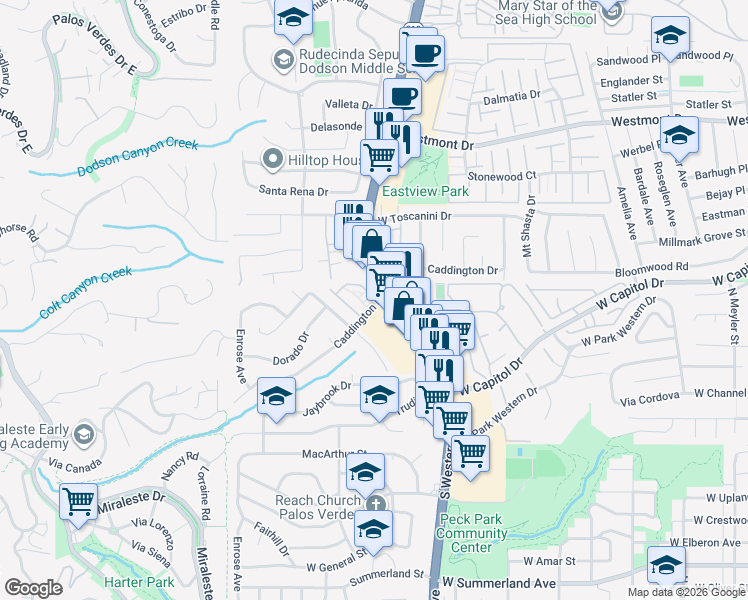 map of restaurants, bars, coffee shops, grocery stores, and more near 1825 Caddington Drive in Rancho Palos Verdes