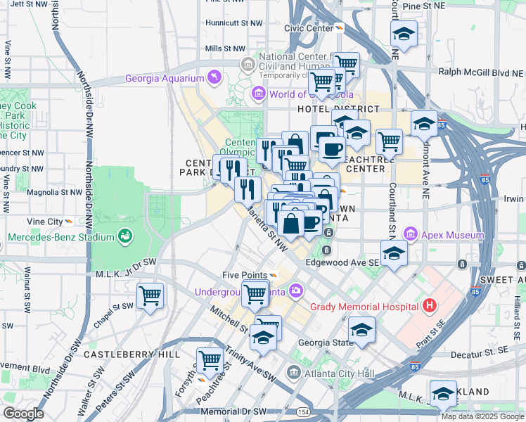 map of restaurants, bars, coffee shops, grocery stores, and more near 140 Walton Street Northwest in Atlanta