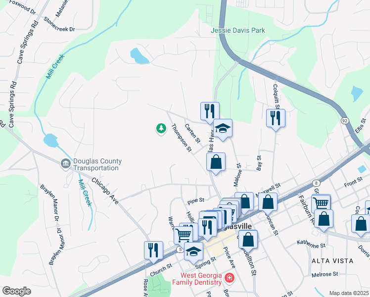 map of restaurants, bars, coffee shops, grocery stores, and more near 8165 Thompson Street in Douglasville