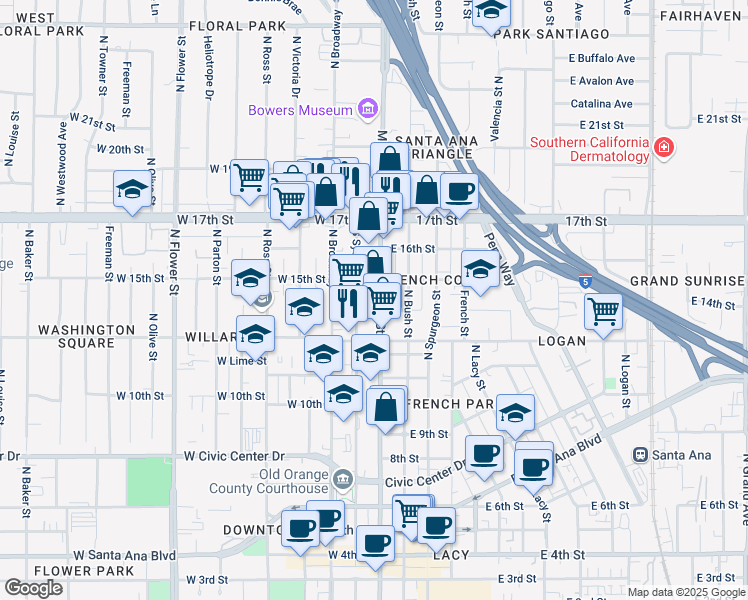 map of restaurants, bars, coffee shops, grocery stores, and more near 202 West 15th Street in Santa Ana