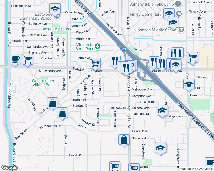 map of restaurants, bars, coffee shops, grocery stores, and more near 5822 Lancashire Avenue in Westminster