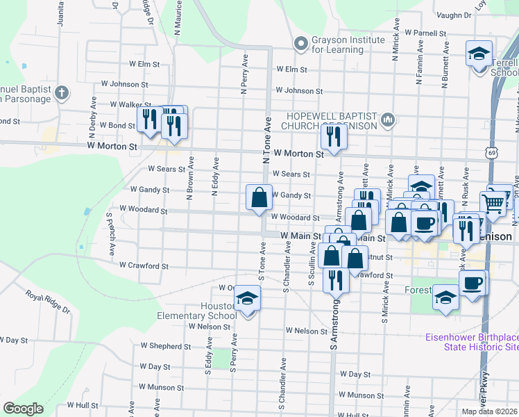 map of restaurants, bars, coffee shops, grocery stores, and more near 201 North Tone Avenue in Denison
