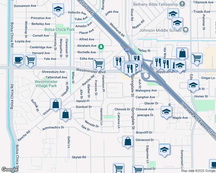 map of restaurants, bars, coffee shops, grocery stores, and more near 5781 Westmoreland Circle in Westminster