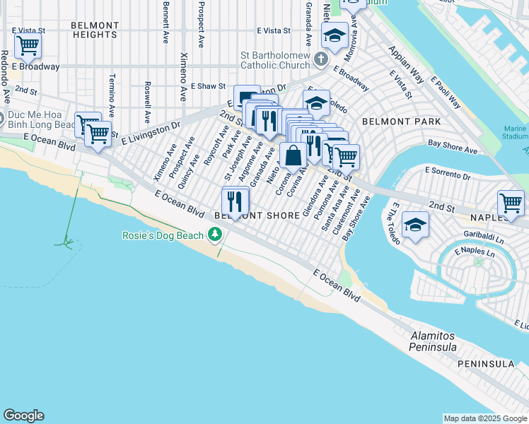 map of restaurants, bars, coffee shops, grocery stores, and more near 75 Corona Avenue in Long Beach