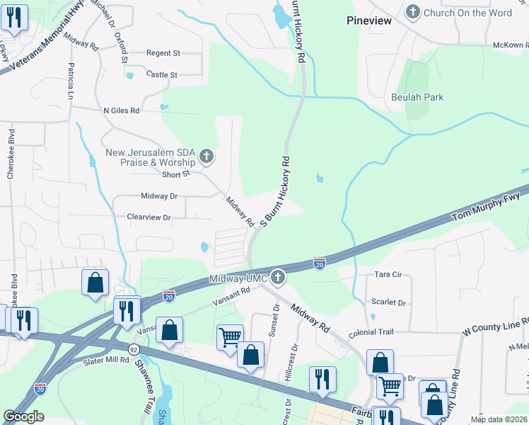 map of restaurants, bars, coffee shops, grocery stores, and more near 1785 South Burnt Hickory Road in Douglasville