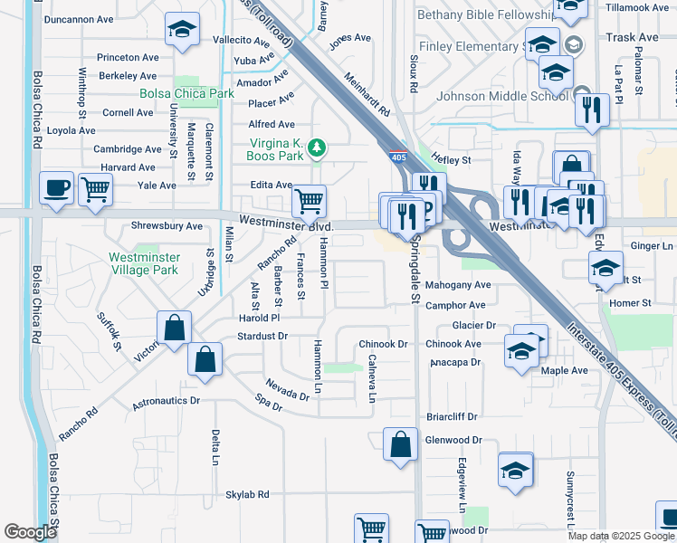 map of restaurants, bars, coffee shops, grocery stores, and more near 5781 Westmoreland Circle in Westminster
