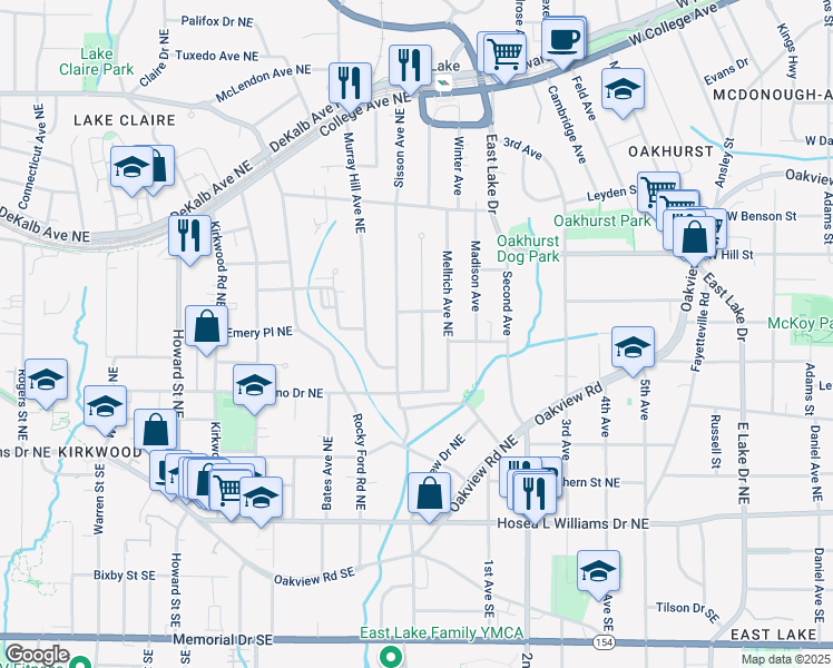 map of restaurants, bars, coffee shops, grocery stores, and more near 166 Martha Avenue Northeast in Atlanta