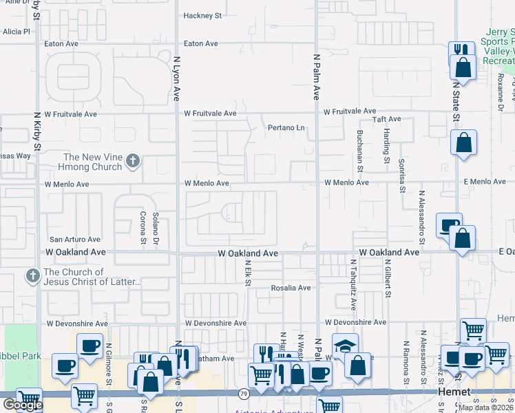 map of restaurants, bars, coffee shops, grocery stores, and more near 650 Seville Drive in Hemet
