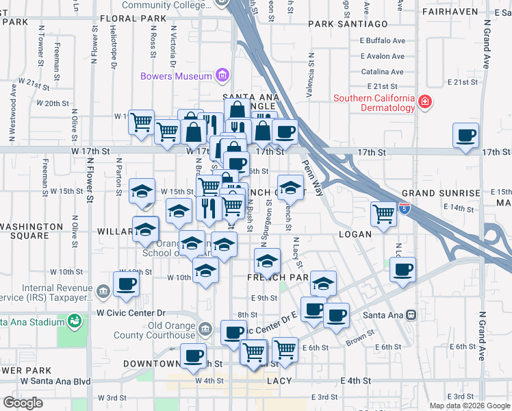 map of restaurants, bars, coffee shops, grocery stores, and more near 1424 North Spurgeon Street in Santa Ana
