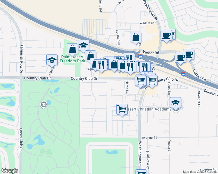 map of restaurants, bars, coffee shops, grocery stores, and more near 40108 Eastwood Lane in Palm Desert
