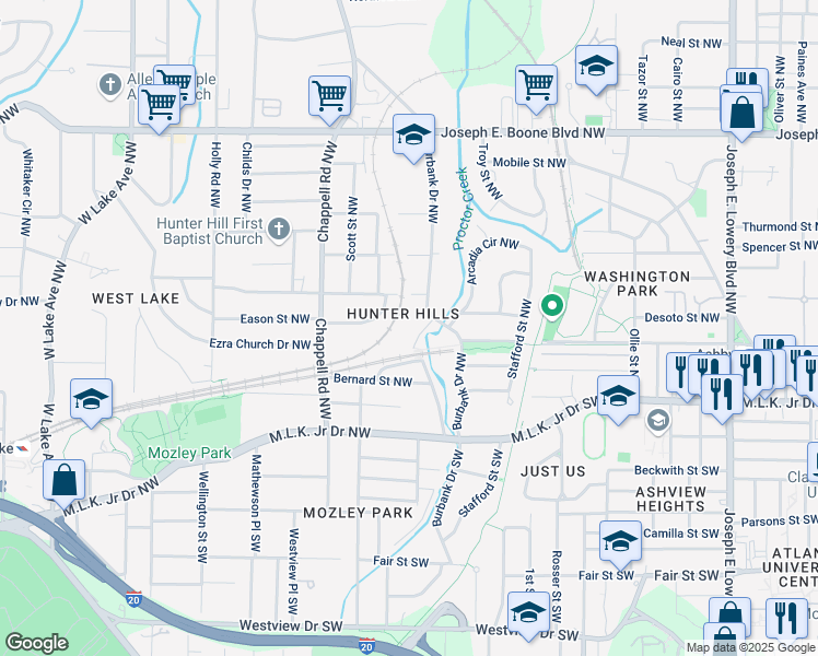map of restaurants, bars, coffee shops, grocery stores, and more near 70 Rockmart Drive Northwest in Atlanta