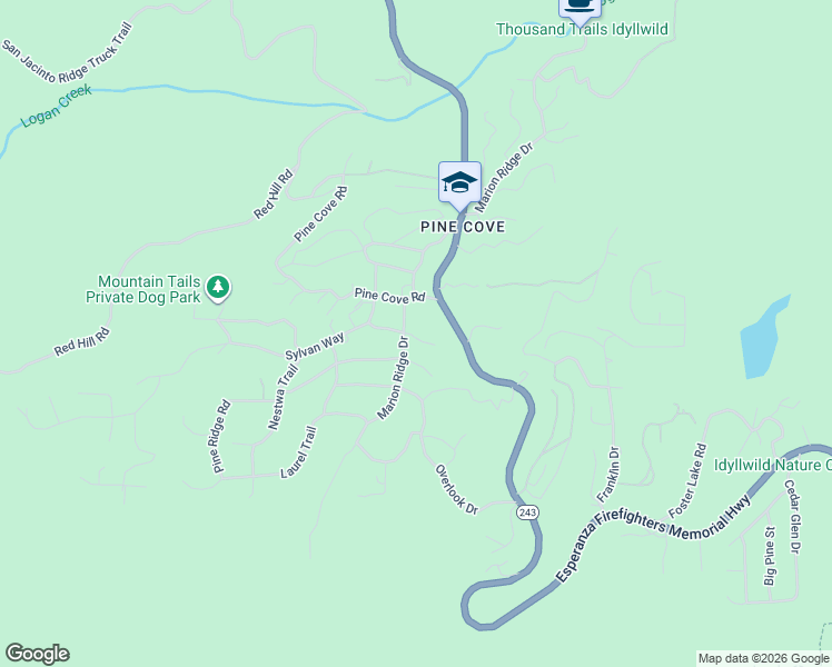 map of restaurants, bars, coffee shops, grocery stores, and more near 52880 Woodland Drive in Idyllwild-Pine Cove