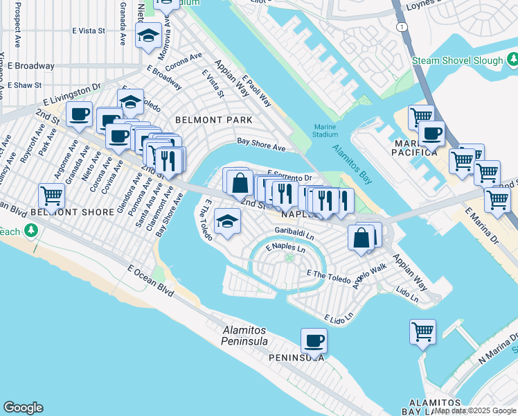 map of restaurants, bars, coffee shops, grocery stores, and more near 5607 2nd Street in Long Beach
