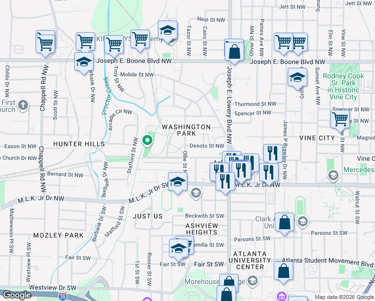 map of restaurants, bars, coffee shops, grocery stores, and more near 85 Ollie Street Northwest in Atlanta