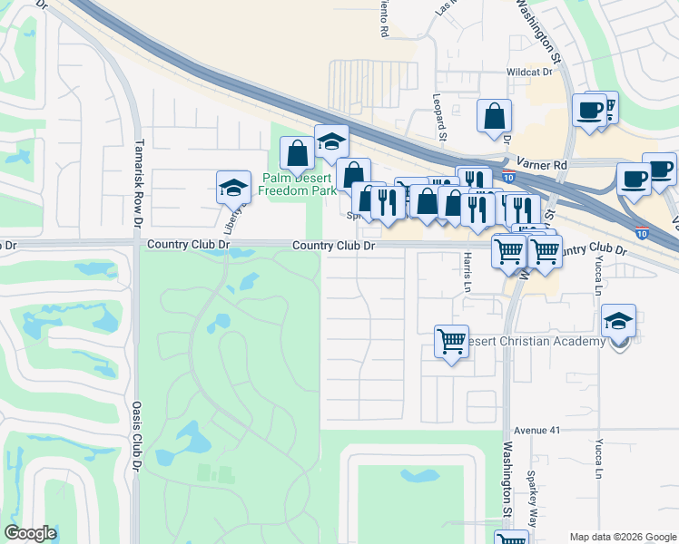 map of restaurants, bars, coffee shops, grocery stores, and more near 77558 Malone Circle in Palm Desert