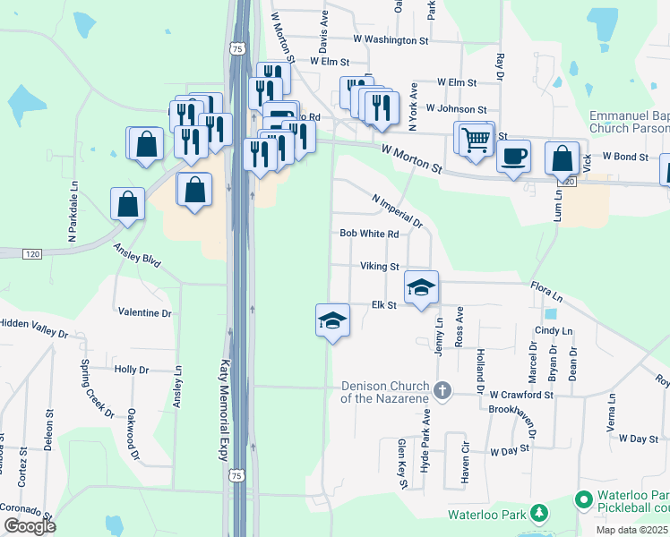 map of restaurants, bars, coffee shops, grocery stores, and more near 101 North Lynn Avenue in Denison