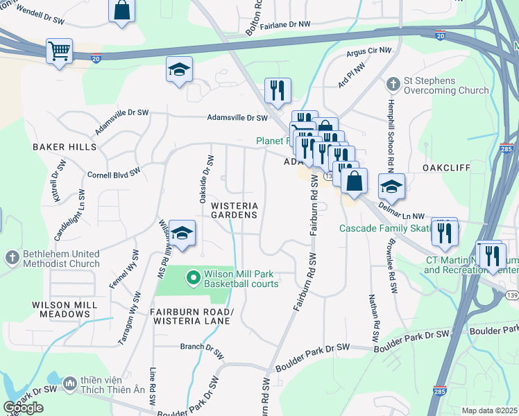 map of restaurants, bars, coffee shops, grocery stores, and more near 3966 Kenner Drive Southwest in Atlanta