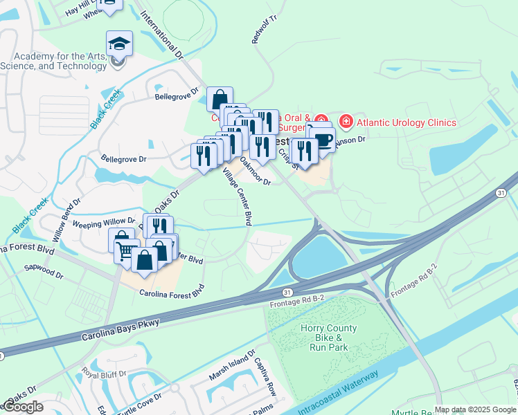 map of restaurants, bars, coffee shops, grocery stores, and more near 210 Village Center Boulevard in Myrtle Beach
