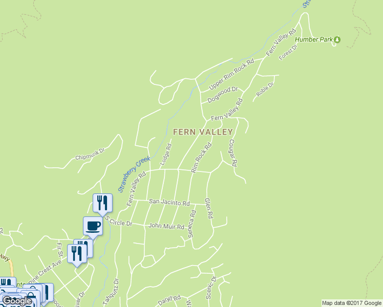 map of restaurants, bars, coffee shops, grocery stores, and more near 25130 Fern Valley Road in Idyllwild-Pine Cove