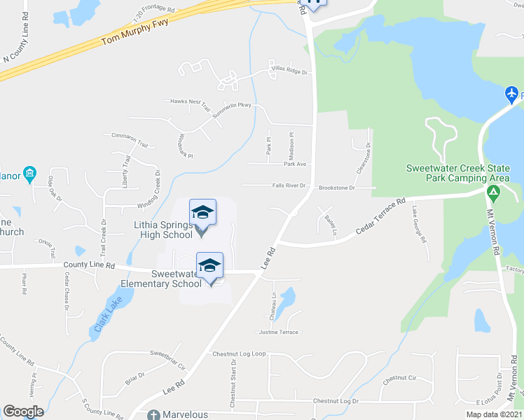 map of restaurants, bars, coffee shops, grocery stores, and more near 2417 Leeward Court in Lithia Springs