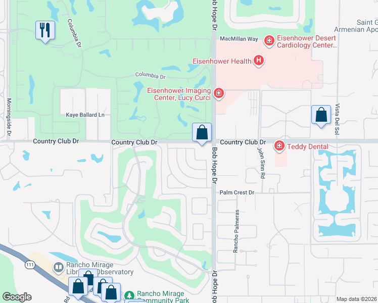 map of restaurants, bars, coffee shops, grocery stores, and more near 19 Estrella Street in Rancho Mirage
