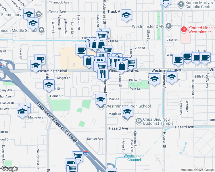 map of restaurants, bars, coffee shops, grocery stores, and more near 14133 Windjammer Lane in Westminster
