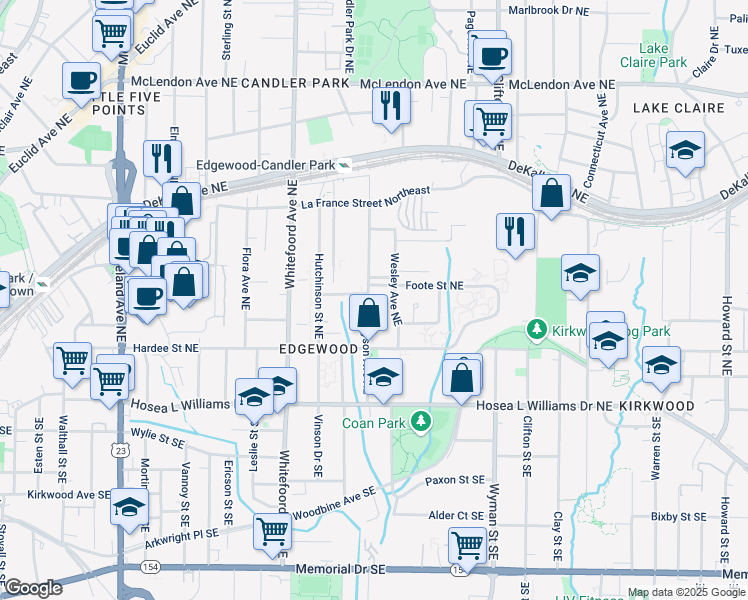 map of restaurants, bars, coffee shops, grocery stores, and more near 131 Mayson Avenue Northeast in Atlanta