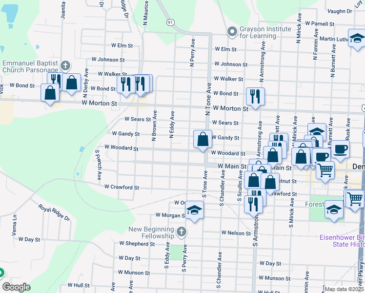 map of restaurants, bars, coffee shops, grocery stores, and more near 1230 West Gandy Street in Denison