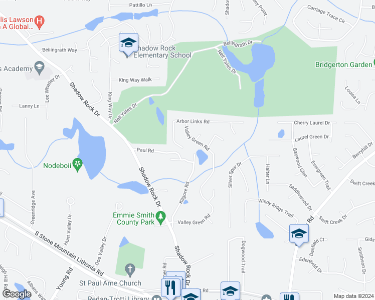 map of restaurants, bars, coffee shops, grocery stores, and more near 5975 Arbor Links Road in Lithonia