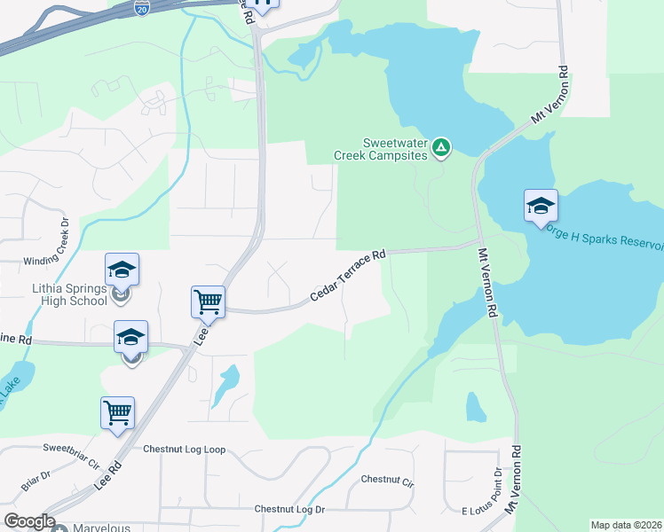 map of restaurants, bars, coffee shops, grocery stores, and more near 2200 Cedar Terrace Rd in Lithia Springs
