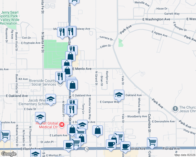 map of restaurants, bars, coffee shops, grocery stores, and more near 638 North Girard Street in Hemet