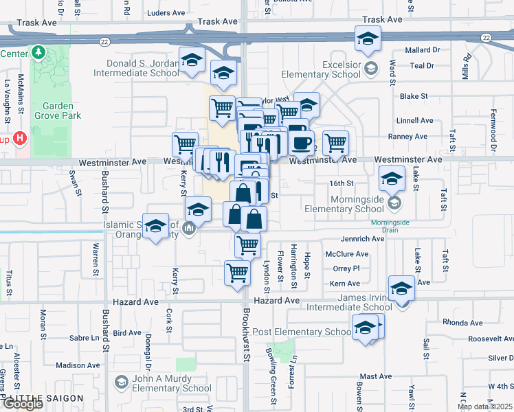 map of restaurants, bars, coffee shops, grocery stores, and more near 10061 15th Street in Garden Grove