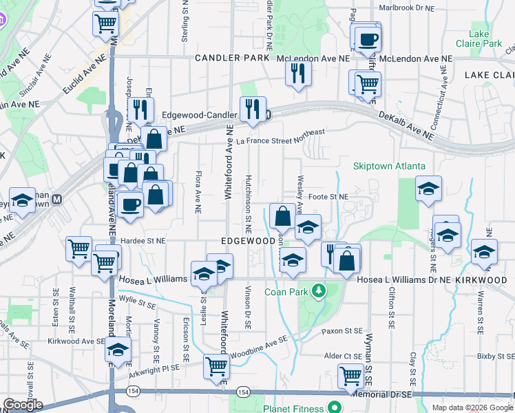 map of restaurants, bars, coffee shops, grocery stores, and more near 1445 Chipley Street Northeast in Atlanta