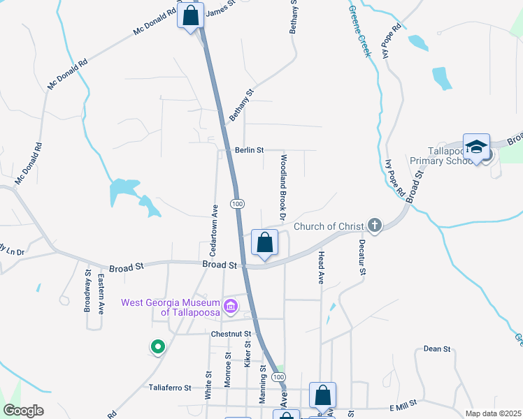 map of restaurants, bars, coffee shops, grocery stores, and more near 599 Pecan Avenue in Tallapoosa