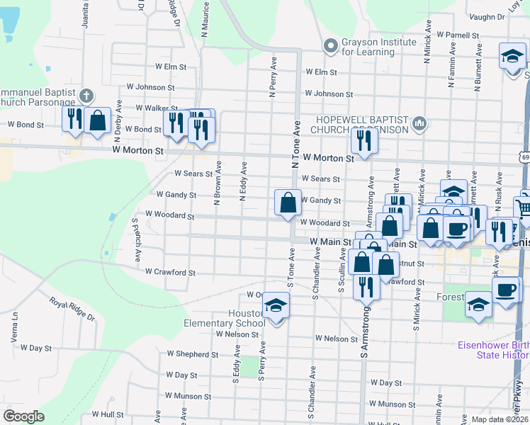 map of restaurants, bars, coffee shops, grocery stores, and more near 1130 West Gandy Street in Denison