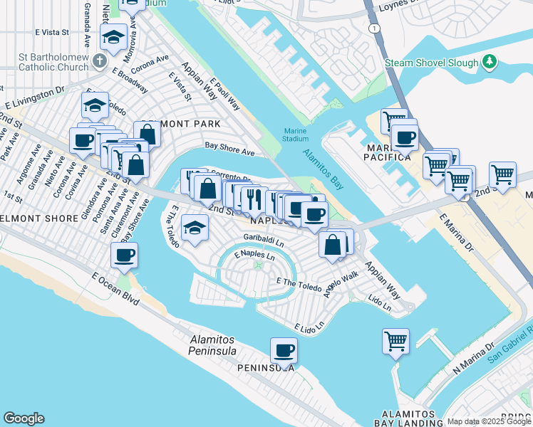 map of restaurants, bars, coffee shops, grocery stores, and more near 201 Ravenna Drive in Long Beach