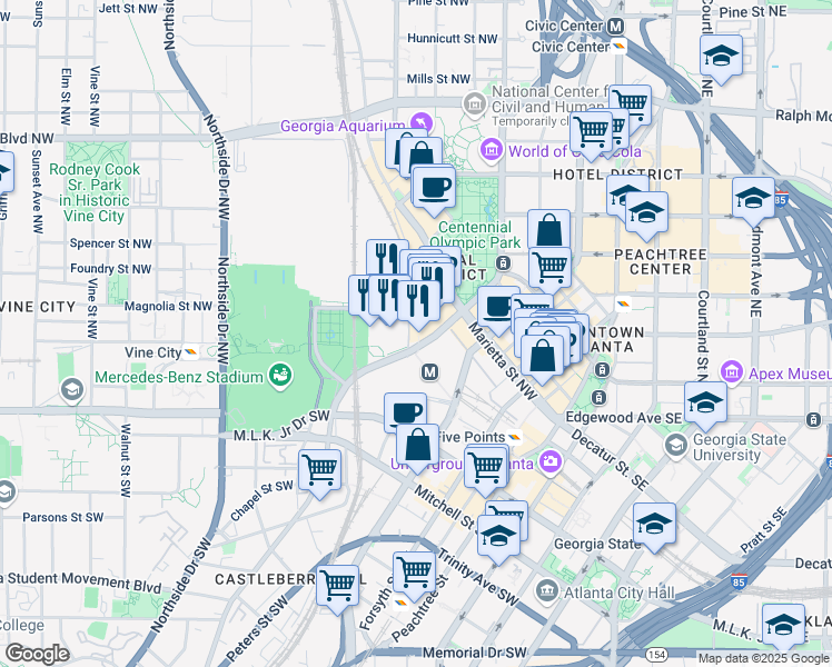 map of restaurants, bars, coffee shops, grocery stores, and more near 75 Spring Street Northwest in Atlanta