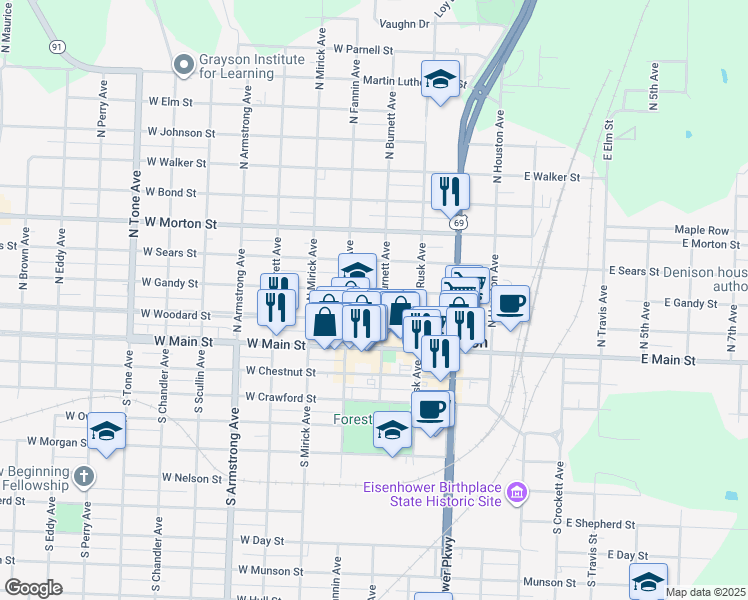map of restaurants, bars, coffee shops, grocery stores, and more near 401 West Gandy Street in Denison