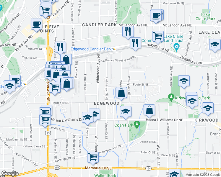 map of restaurants, bars, coffee shops, grocery stores, and more near 1445 Chipley Street Northeast in Atlanta