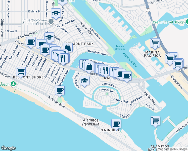 map of restaurants, bars, coffee shops, grocery stores, and more near 5511 2nd Street in Long Beach