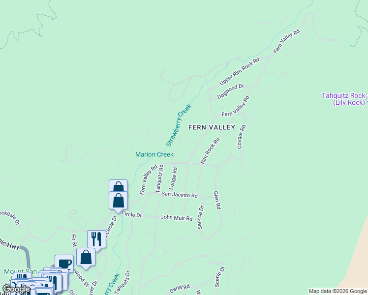 map of restaurants, bars, coffee shops, grocery stores, and more near 25140 Lodge Road in Idyllwild-Pine Cove