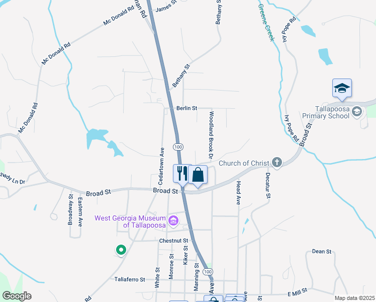 map of restaurants, bars, coffee shops, grocery stores, and more near 599 Pecan Avenue in Tallapoosa