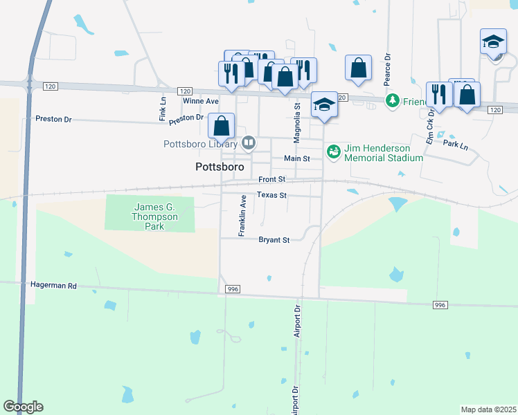 map of restaurants, bars, coffee shops, grocery stores, and more near 606 Franklin Avenue in Pottsboro