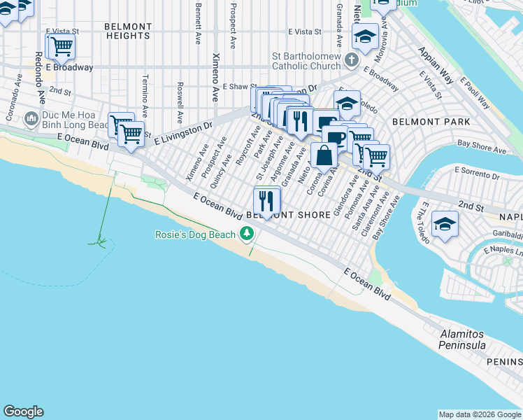 map of restaurants, bars, coffee shops, grocery stores, and more near 38 Argonne Avenue in Long Beach