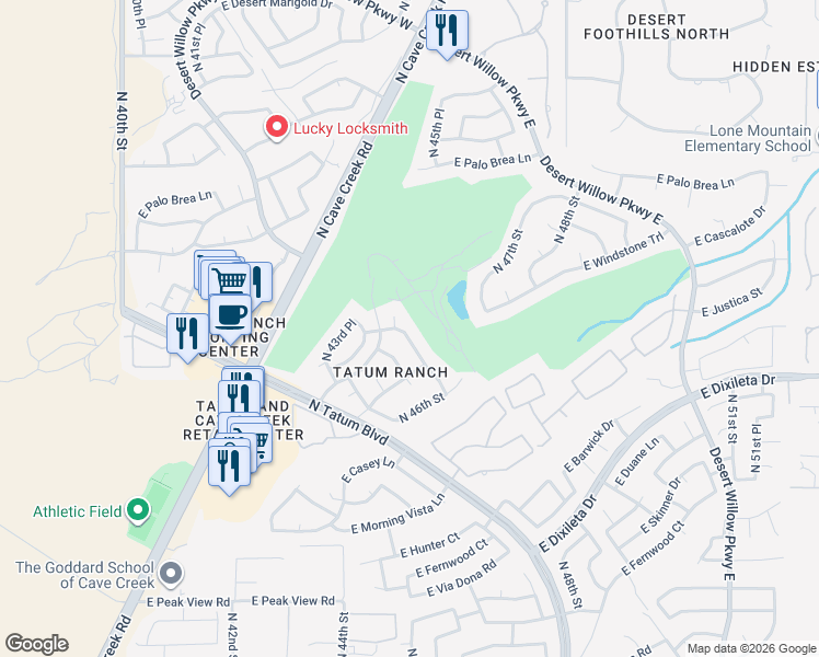 map of restaurants, bars, coffee shops, grocery stores, and more near 4426 East Barwick Drive in Cave Creek