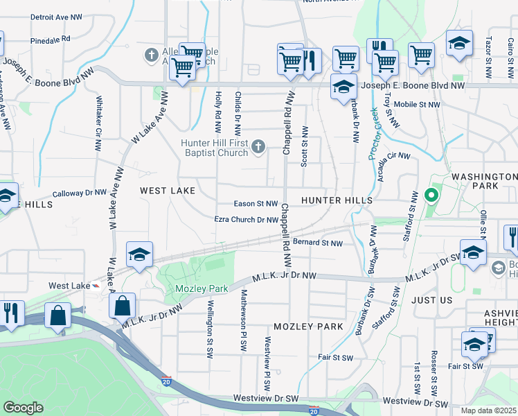 map of restaurants, bars, coffee shops, grocery stores, and more near 1433 Eason Street Northwest in Atlanta
